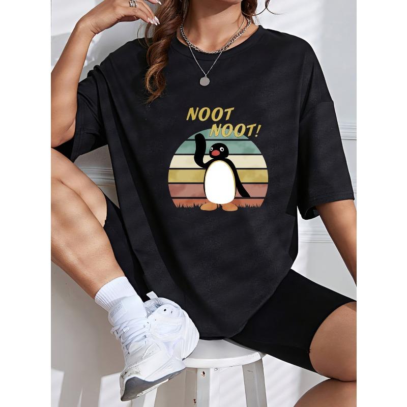 White T Shirt With Penguin And Noot Noot Text Vintage Sunset Design Casual Summer Wear For Women