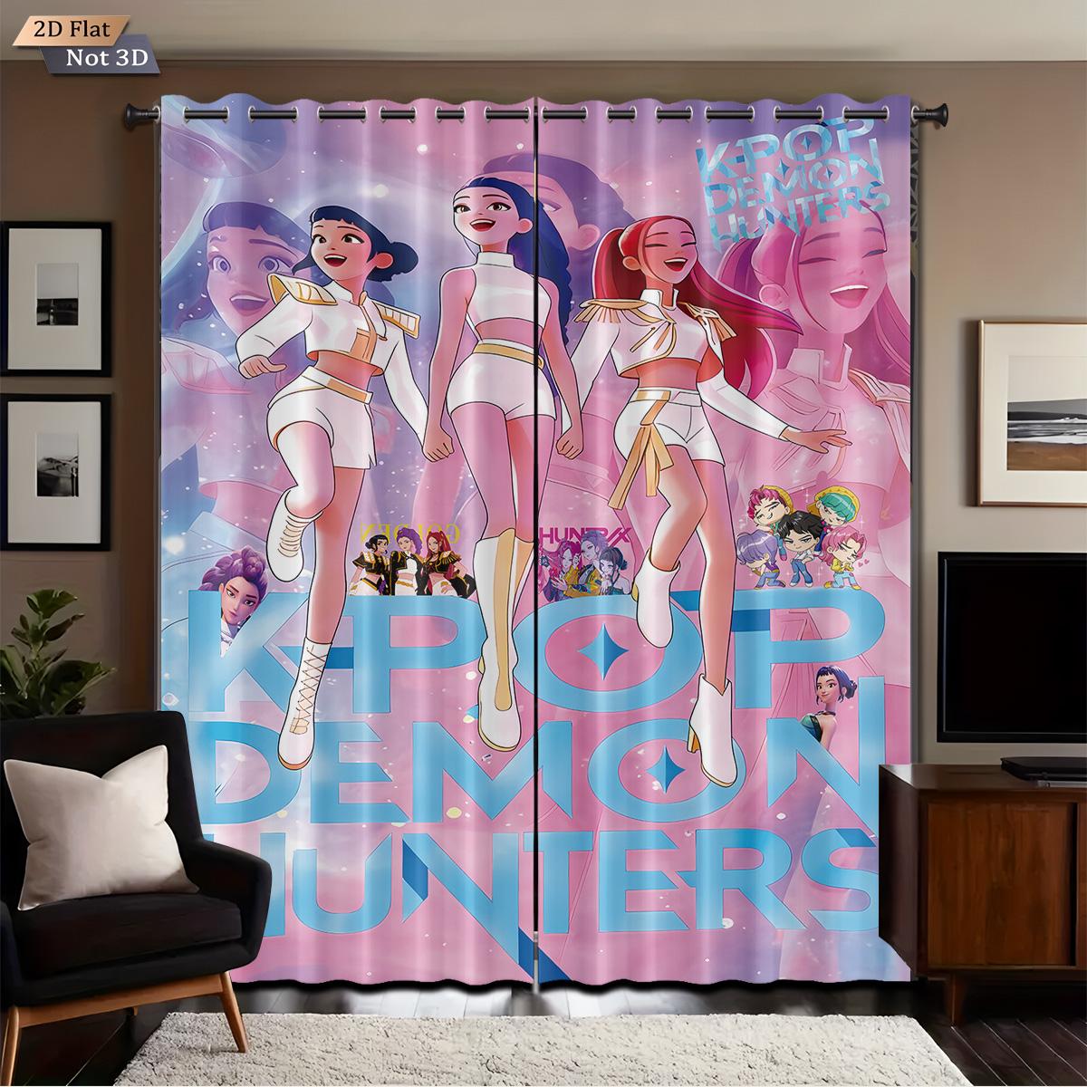 

2Pcs K-Pop Demon Hunters Print Blackout Curtains Multiple Size Living Room Insulation Decoration Machine Washable 140x160&Grommet Top