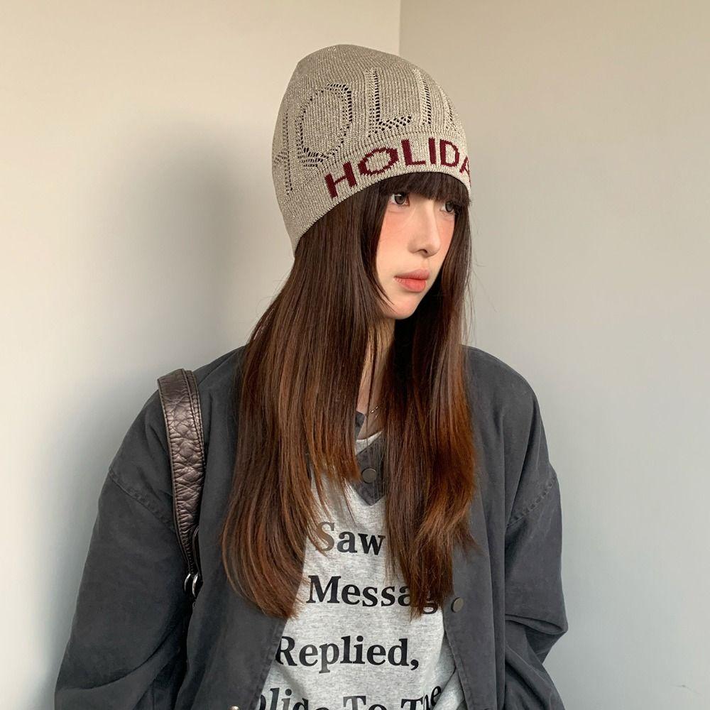 Vintage Letter Beanie Hat Hollow Knitted Pullover Hat Fashion Sequin Knitted Hat  Winter
