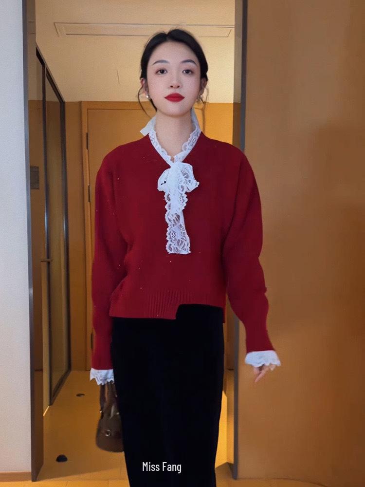 

Женский вязаный свитер с французским кружевом пэчворк и бантом 2024 - Уникальный осенне-зимний дизайн XL красный