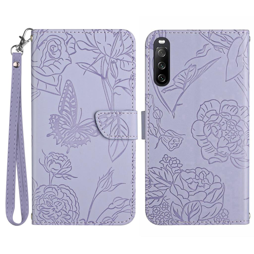HT03 For Sony Xperia 10 VI Leather Case Butterfly Flower Wallet Phone Cover with Wrist Strap