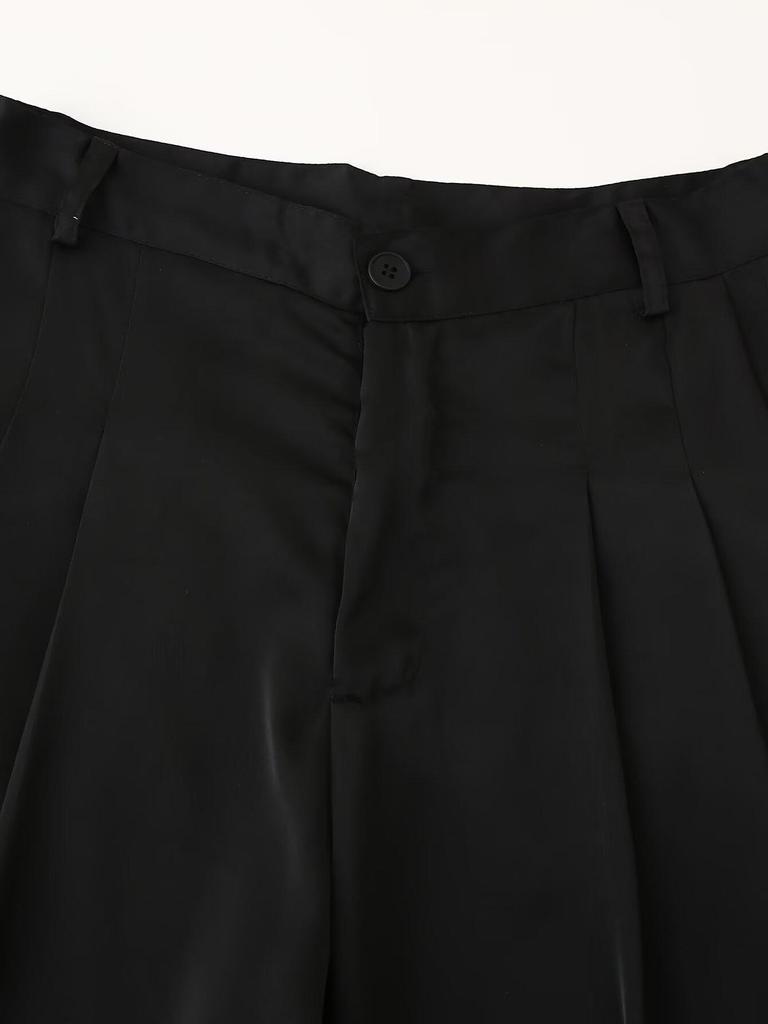 2025 Spring Women's European & American Wide-Leg Satin Pleated Trousers