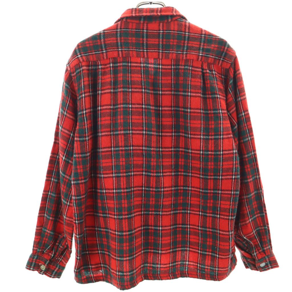 60s Vintage Wool Blend Check Pattern Long Sleeve Open Collar Shirt M Red Men's Used
