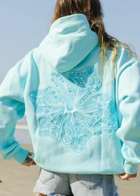 Women's 2025 Hibiscus Print Ribbed Hoodie with Drop Shoulder