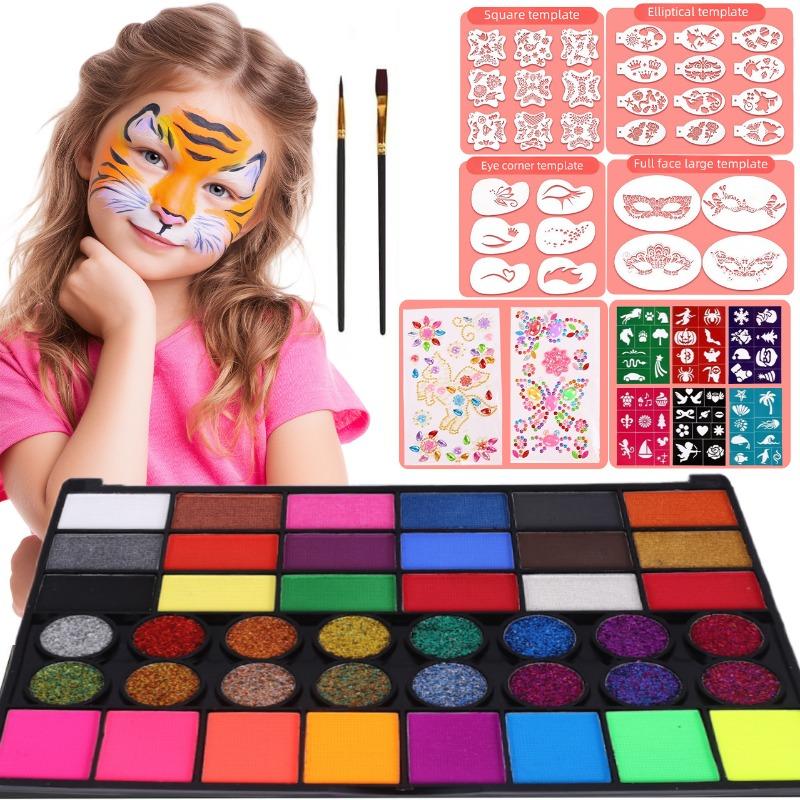 Kit de Pintura Corporal y Facial Profesional de 54 Colores Paleta de Maquillaje a Base de Agua No Tóxica con Pinceles y Plantillas para Niños Adultos Fiesta Halloween Cosplay