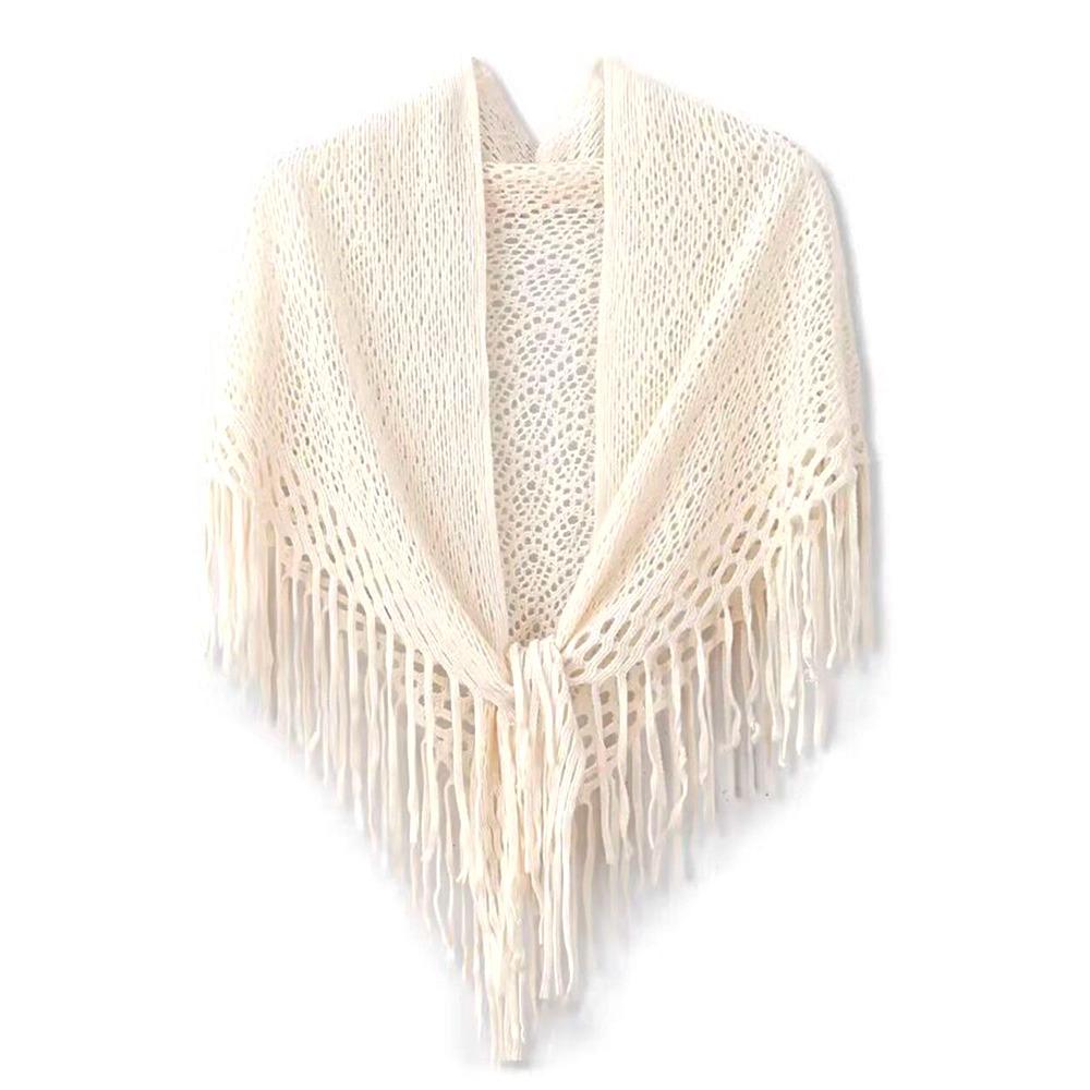 Casual Retro Knitted Shawls Solid Color Versatile Hollow Scarves Breathable Soft Tassels Shawls for Women