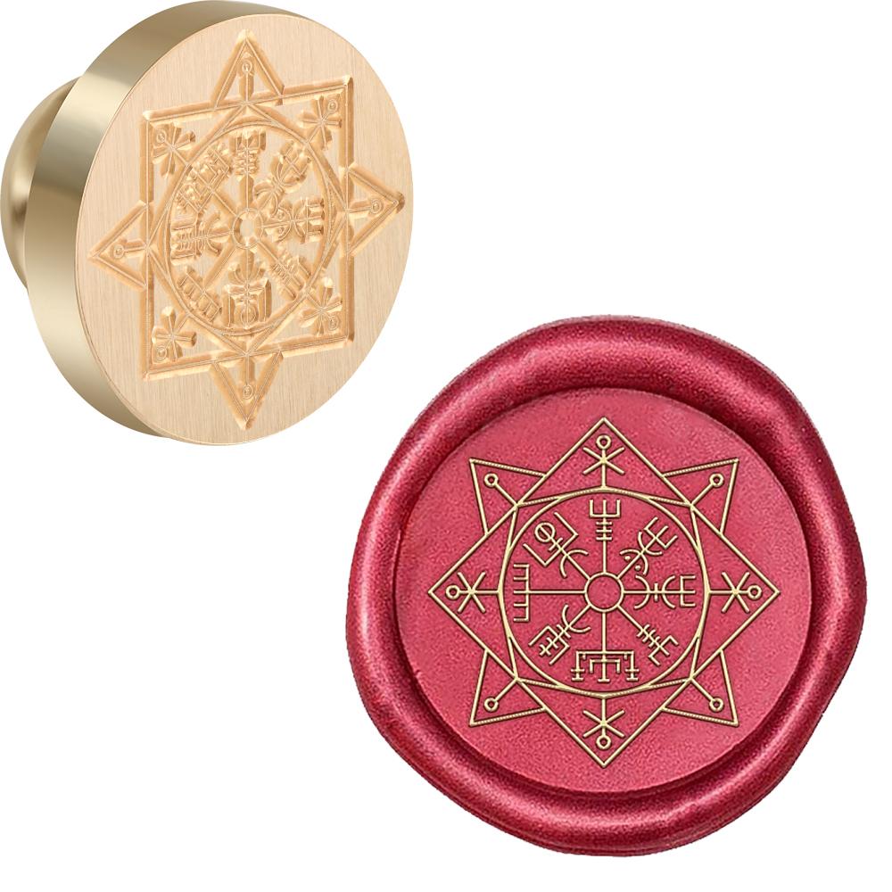 Viking Rune Vegvisir Wax Seal Stamp Compass, Scales Pattern Retro Sealing Wax Stamp 25mm Removable Brass Head for Envelope Card