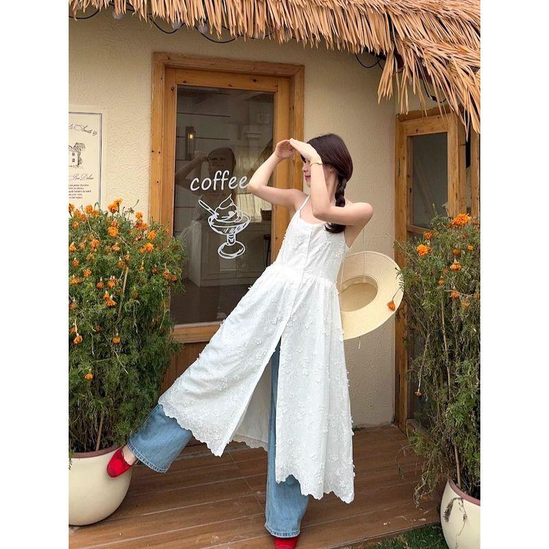 Kumikumi French Style Retro White Sling Dress Women Summer Heavy Industry Embroidery Chic Waist Hugging Slimming Long Dress