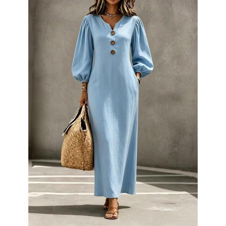 Women's V Neck Button Front Puff Sleeve Maxi Dress Solid Color Casual Dress