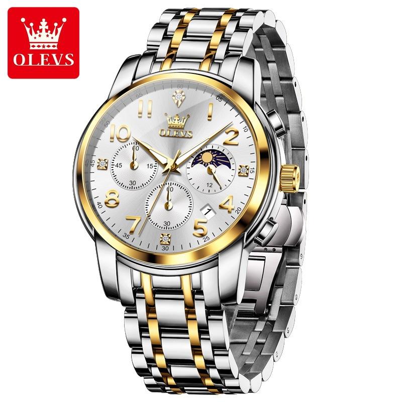 OLEVS Mulitifunction Quartz Watch for Men Original Stainless Steel Waterproof Luminous Chronograph Moon Phase Man Watch