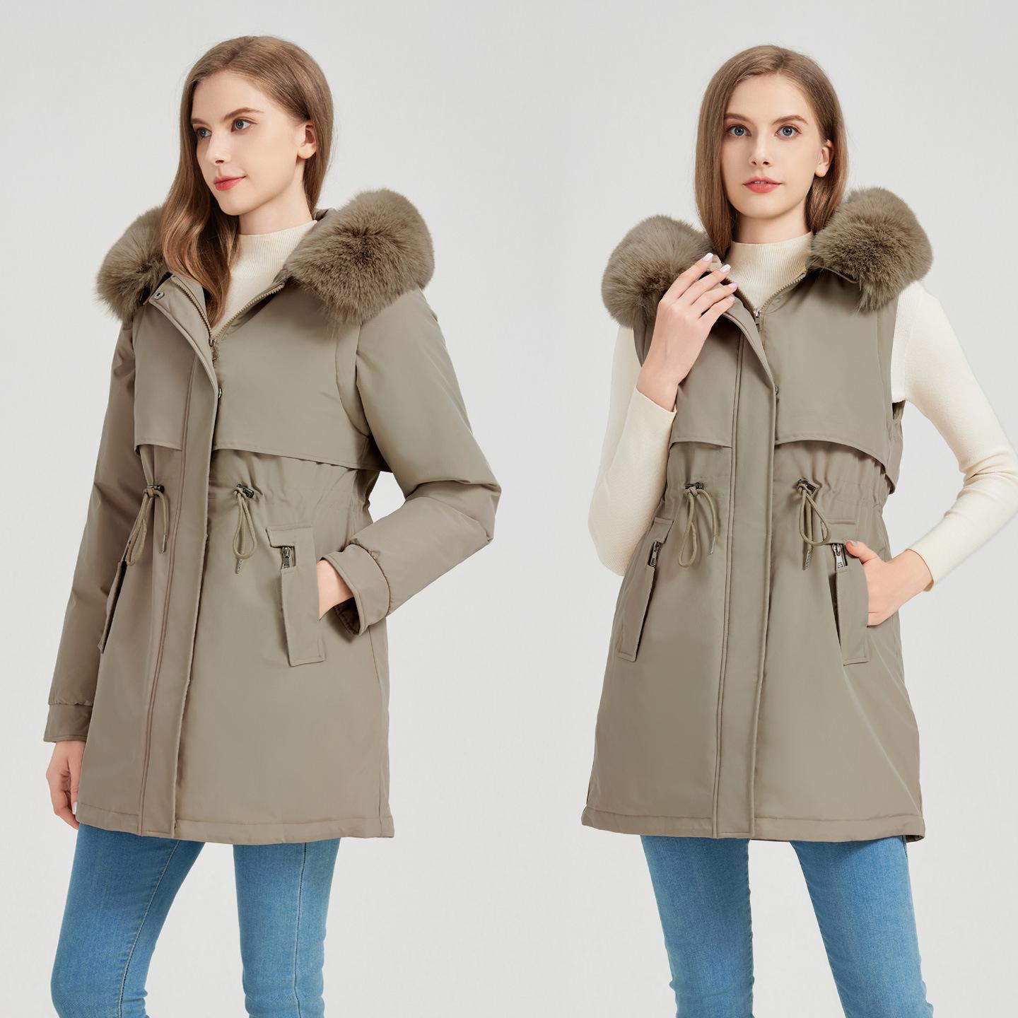 

Women s new fur collar hooded removable sleeves two wear thickened padded fluffy warm loose high quality fabric casual sports cotton jacket XXXL