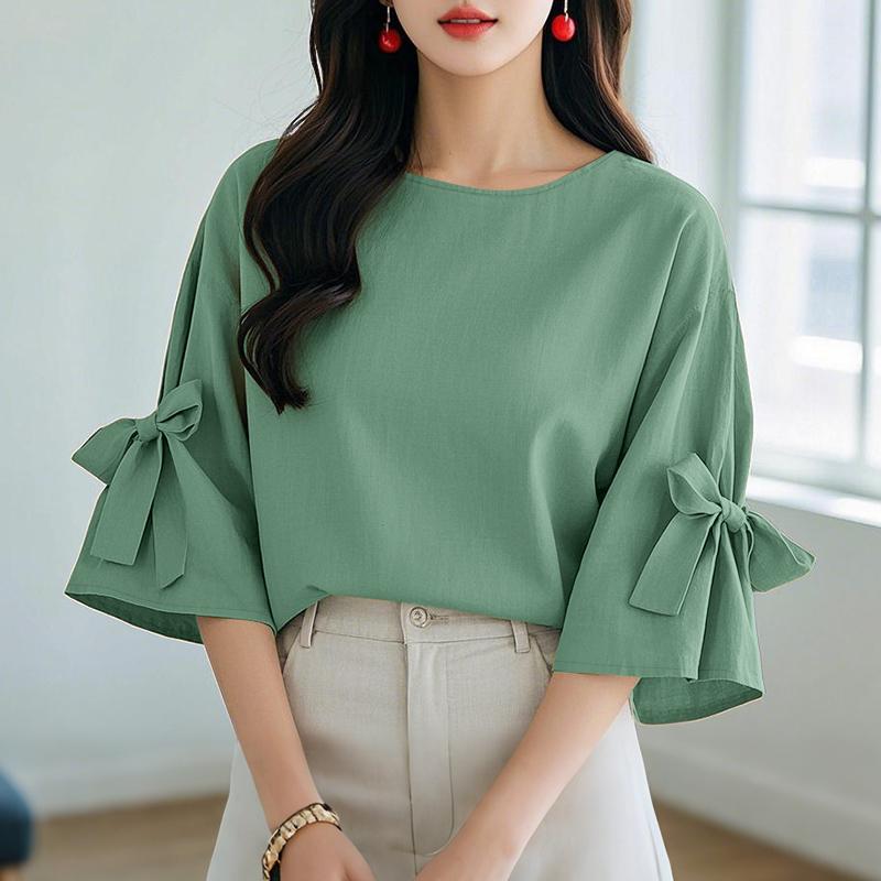 

ZANZEA Женская повседневная блузка с круглым вырезом, лоскутным шитьем, рукавами 3/4 и свободного кроя 3XL зелёный