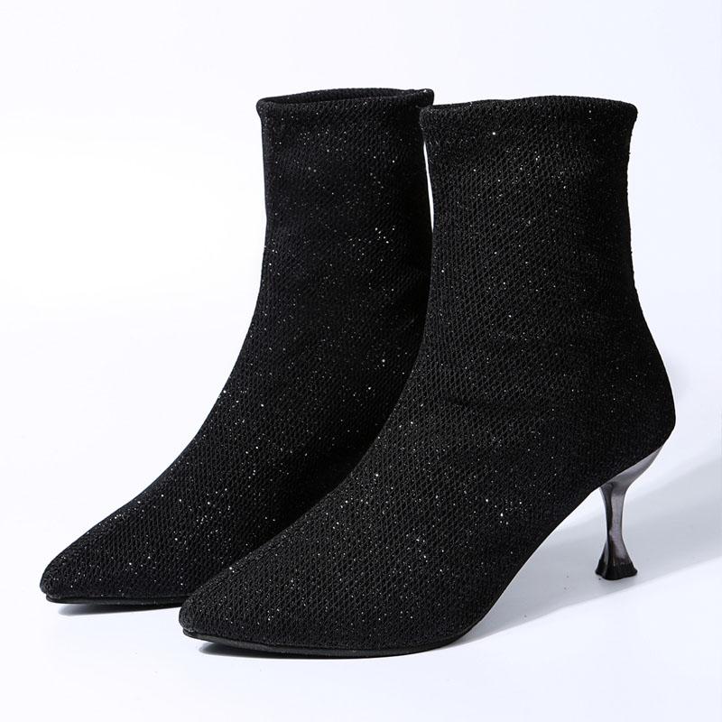 Autumn Fashion Women's Boots Elegant Pointed-toe Stiletto Booties High Heels Luxury Sequin Cloth Slip-on Ankle Boots Woman Shoes