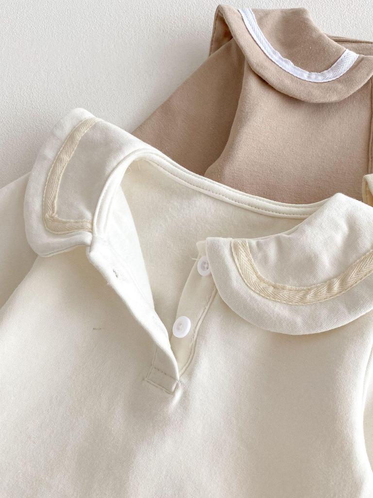 Korean Children's Spring/Autumn Lapel Romper - Cute Baby College Style Long-Sleeve Outfit.