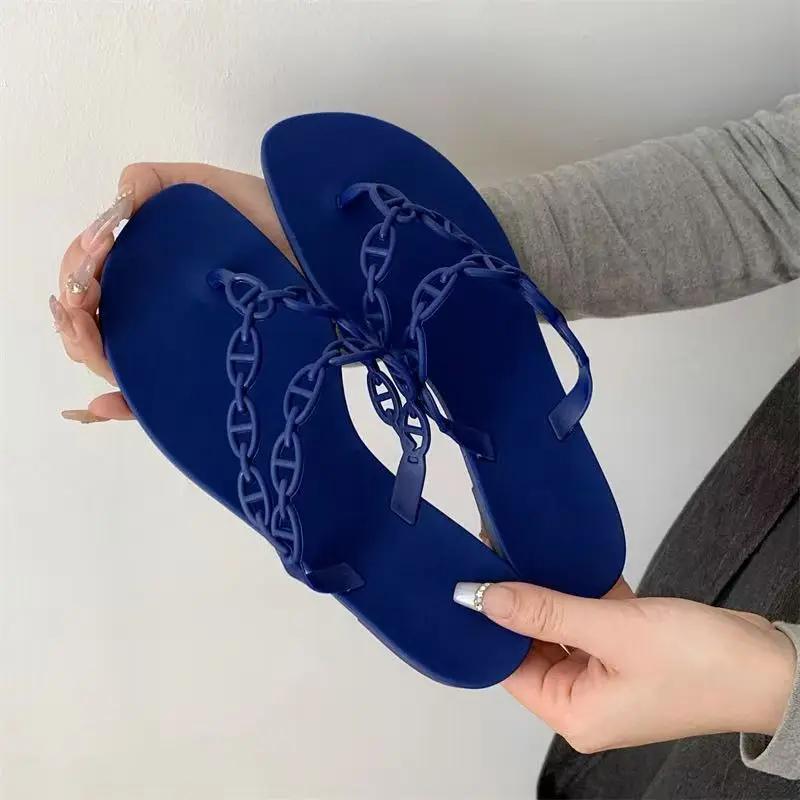 Sommer Damenschuhe Hausschuhe Schleife Flip-Flops Nieten Flache Sandalen Outdoor Transparente Kristall Strand Schuhe Damen Offene Zehenschuhe 41 blau