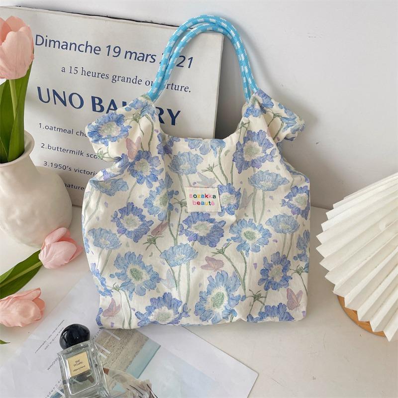 Pastoral Floral Lazy Wind Handbag Shoulder Bag Student Class Tote Bag Large Capacity Handbag