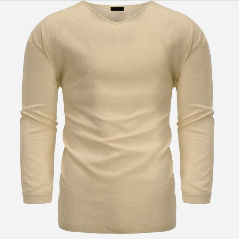 Men's Summer Long Sleeved V Neck Cotton and Linen Loose Plus Size Shirt