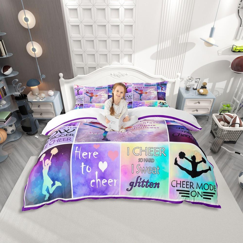 Homewish Girls Gymnastics Lover Duvet Cover Set,Green Pink Sequin Print Bedding Set,Cartoon Princess Print Bed Set