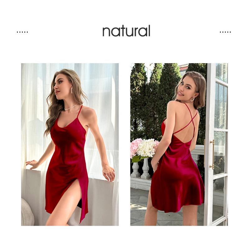 Women's Ice Silk Pajamas Summer Home Wear Backless Sexy Short Halter Nightgowns