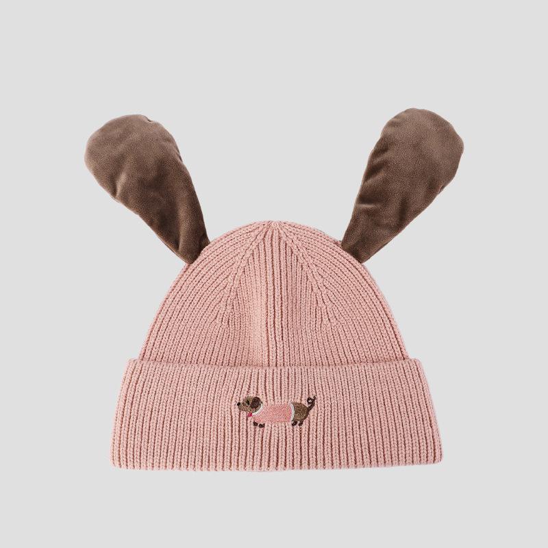 Pinch Ears Will Ring Knitted Hat Women Autumn Winter Windproof Warm Embroidered Dog Wool Hat