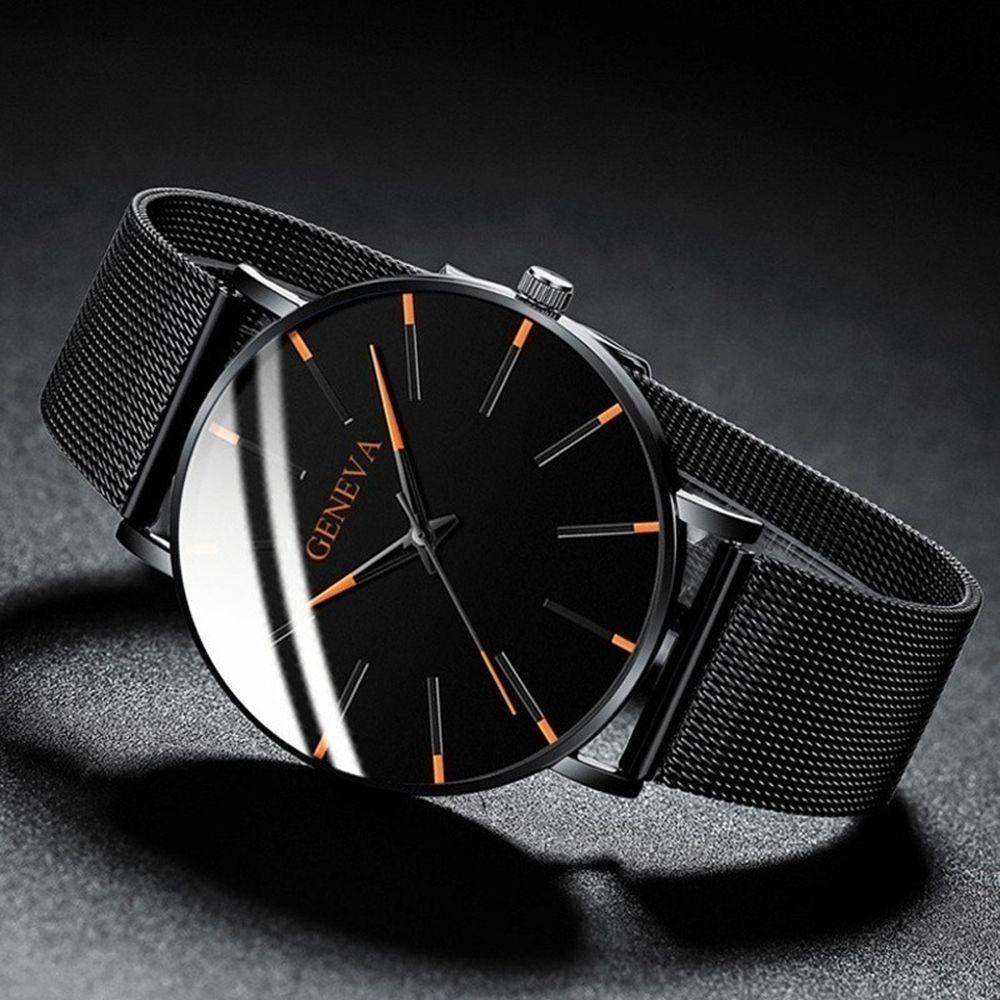 Classic Black Ultra Thin Watches Alloy Mesh Belt Quartz Watch Luxury Mens Wristwatch  Leisure Time