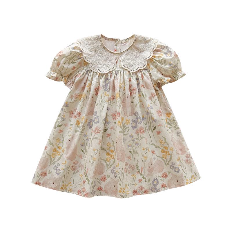 2026 Summer French Cartoon Print Lace Collar Girls' Princess Dress - Short Sleeve
