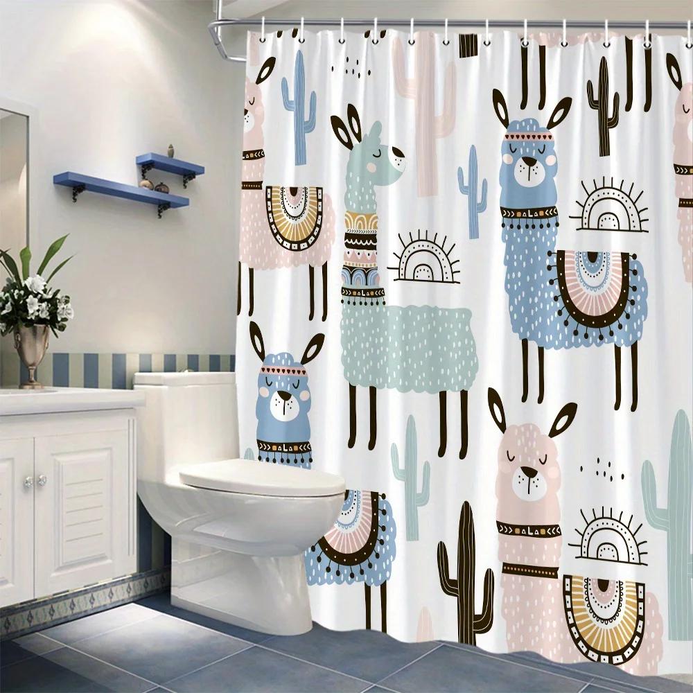 Alpaca Parade Shower Curtain - Colorful Andean Animal Wall Hanging Decorations for Living Room and Bedroom - Weird