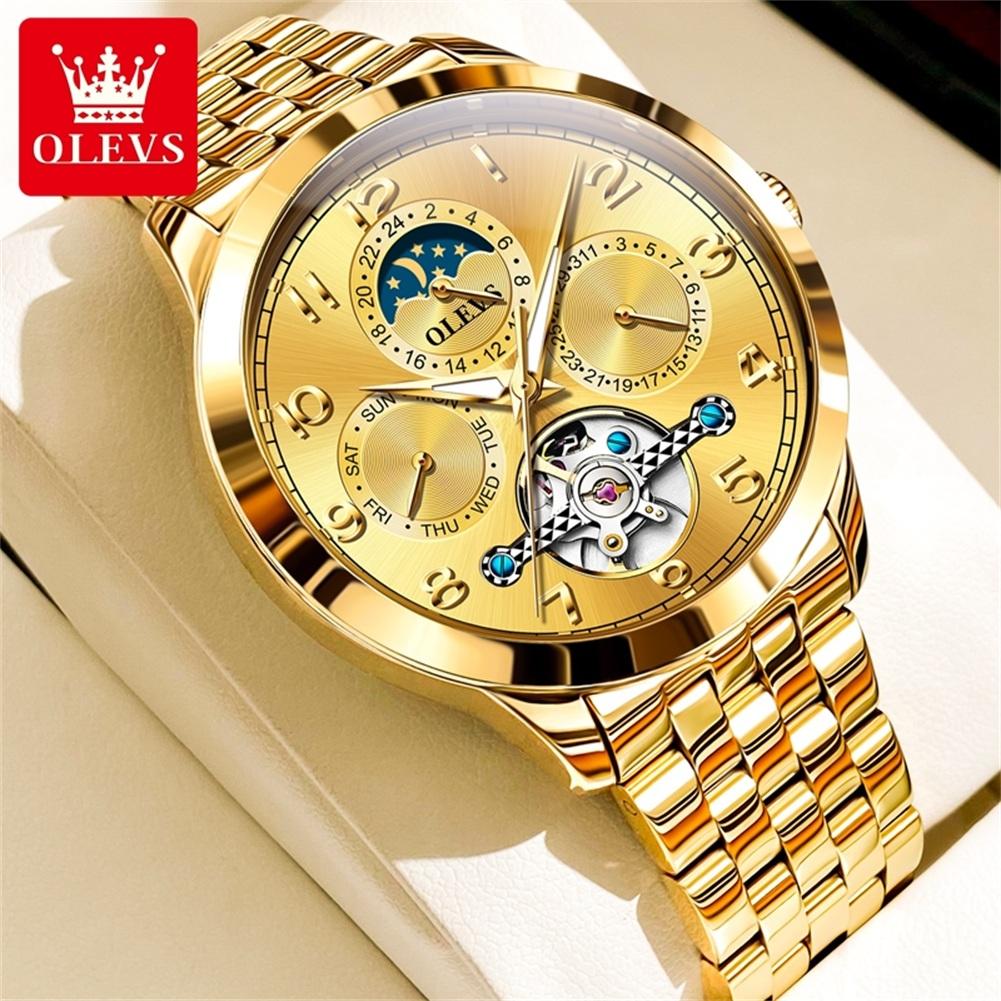 OLEVS 7018 Men's Watches Dgital Dial Skeleton Flywheel Automatic Mechanical Wristwatch Luxury Moon Phase Week Calendar Man Watch