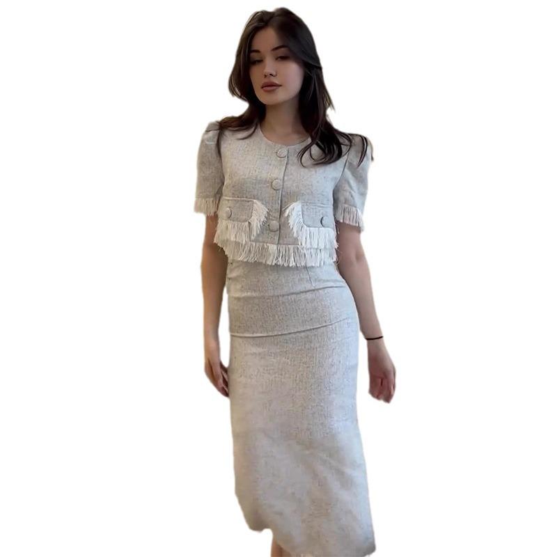 2024 Summer European & American Style Elegant Tassel Splicing Midi Skirt Set for Women