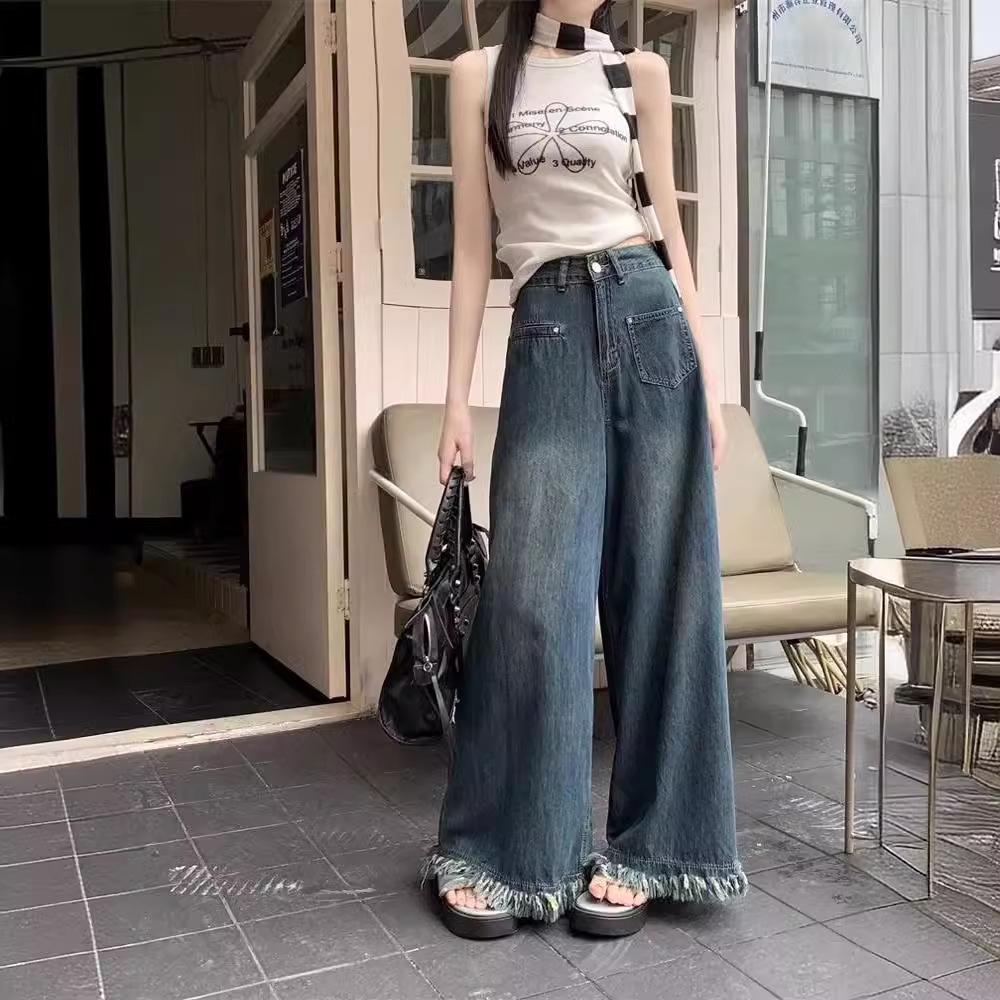 

Summer 2024 Women s High-Waist Wide-Leg Retro Jeans with Raw Hem 2XL