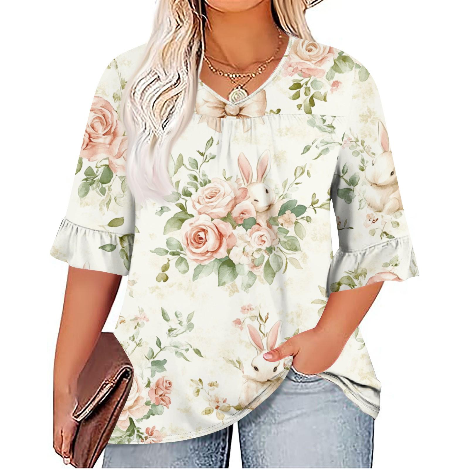 Women s Fashion Casual Easter Printed V-Neck Seven Minute Sleeve Ruffle Sleeve T-Shirt Tops Plus Size Women s XXL