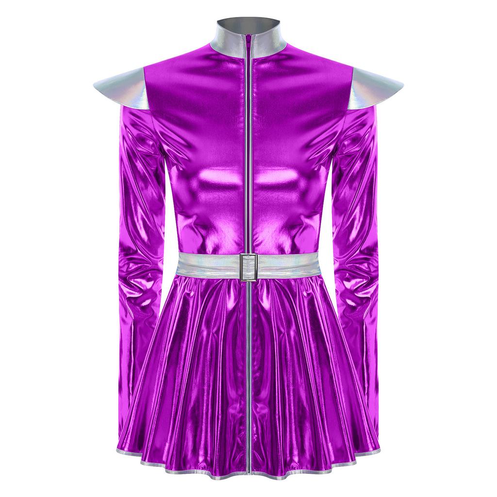 Womens Alien Costume Long Sleeves Front Zip A Line Dress Belt Design Shiny Metallic Outer Space Robot Costume