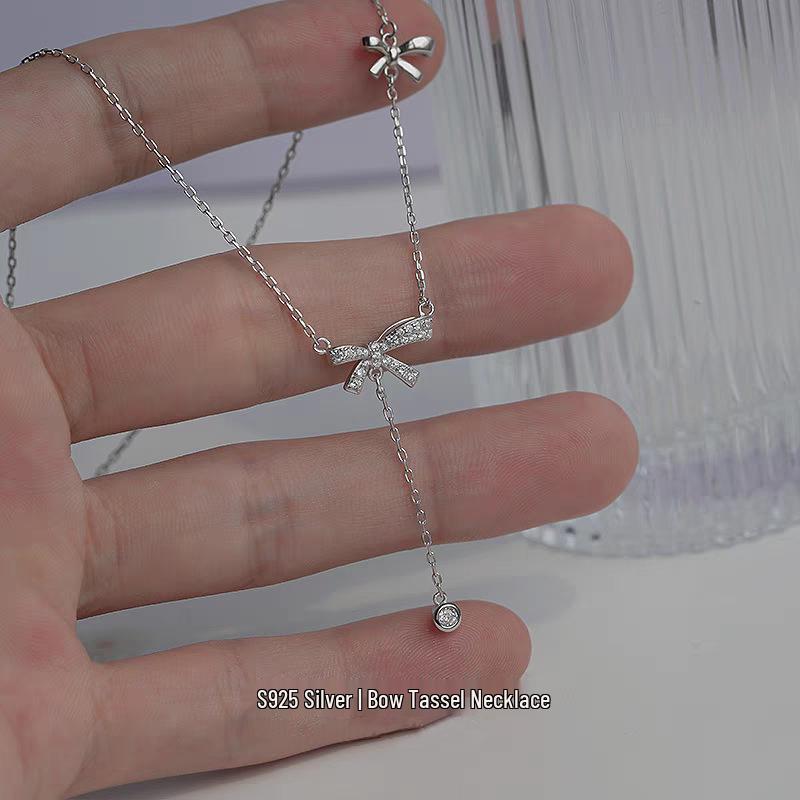 Elegant S925 Sterling Silver Bow Tassel Necklace: Luxury Clavicle Chain for Women with a Chic, Sophisticated Touch.