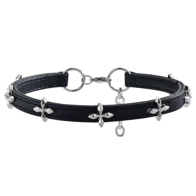 Dark Cross Flower Stand Choker Collar Female Hottie Niche Design Leather Necklace