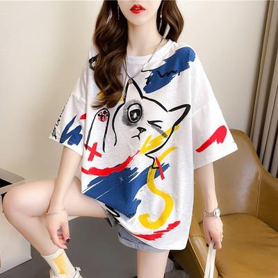 2024 Summer Women Funny Cartoon Print Oversized Graphic T-shirts White Gray Y2k Tops Fashion Plus Size Unisex T-shirt Harajuku Streetwear