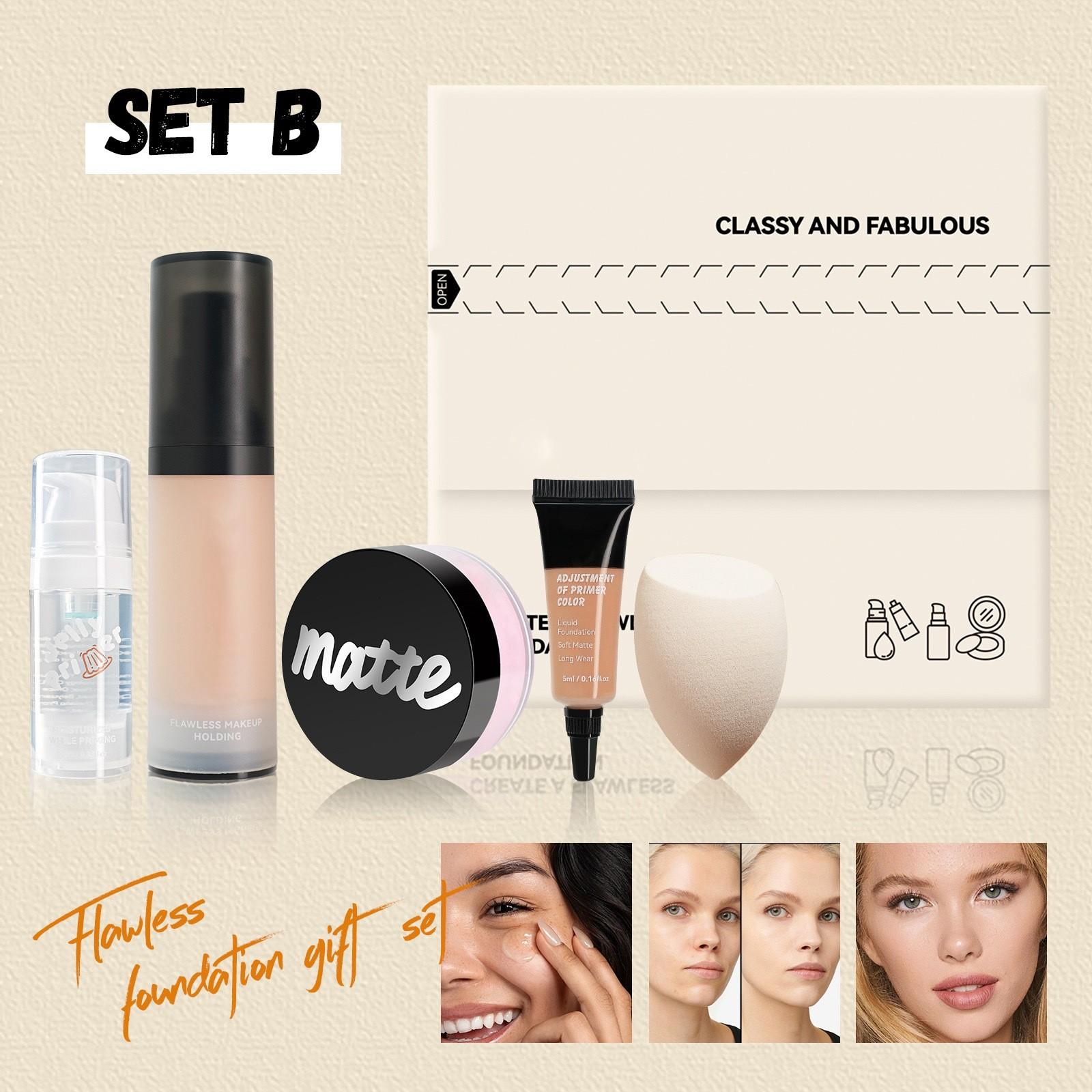 

Набор для макияжа лица из 5 предметов, Тональная основа и матирующая пудра, Стойкий водостойкий натуральный набор(5мл+10мл+30мл+6г) One Size