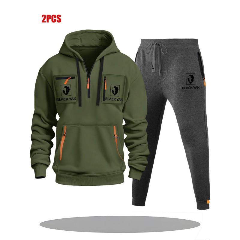 Mens Hoodie Sweatshirt Set Solid Color Multi-Zipper Pockets Casual Wear