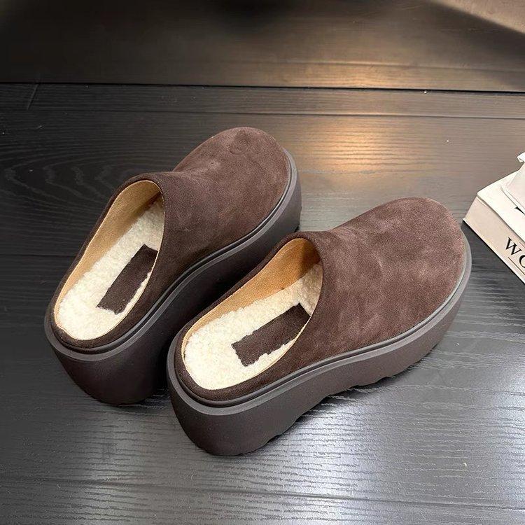 Frosted cowhide muffin thick-bottomed bag head half slippers women wear retro leather versatile small height-increasing wool slippers
