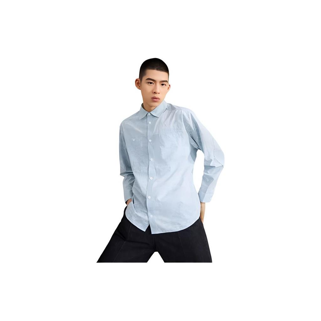 Li Ning Embroidered Loose Fit Button Logo Casual Shirt Men Shirts Mist-Blue ASHR063-2
