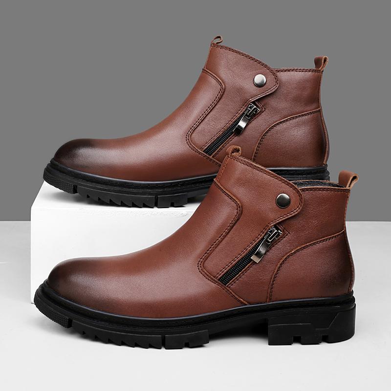 Fashion Genuine Leather Casual Shoe for Men British Style Short Boots Side Zipper High-Top Shoes Man Classic Chelsea Ankle Boots