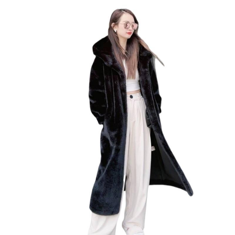Imitation mink velvet coat autumn and winter women's long over-the-knee loose large-size hooded jacket