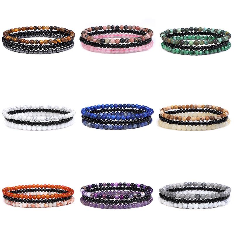 3pcs Amethysts Purple Agates Elastic Bracelets For Women Men Natural Stone Tiger Eye Black Onyx 4mm Beads Bracelet Set Jewelry