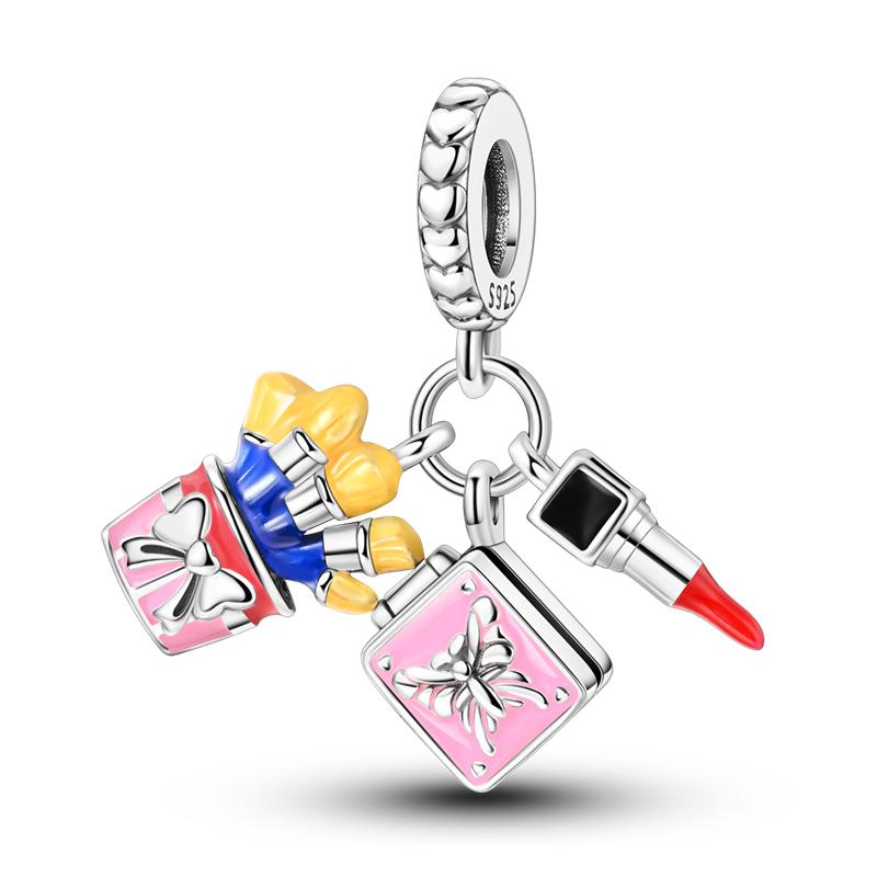 Copper Cz Zircon Charms Bead Pink Color Flower Colorful Drawing Board Pendants Fit Original Bracelet Diy Jewelry