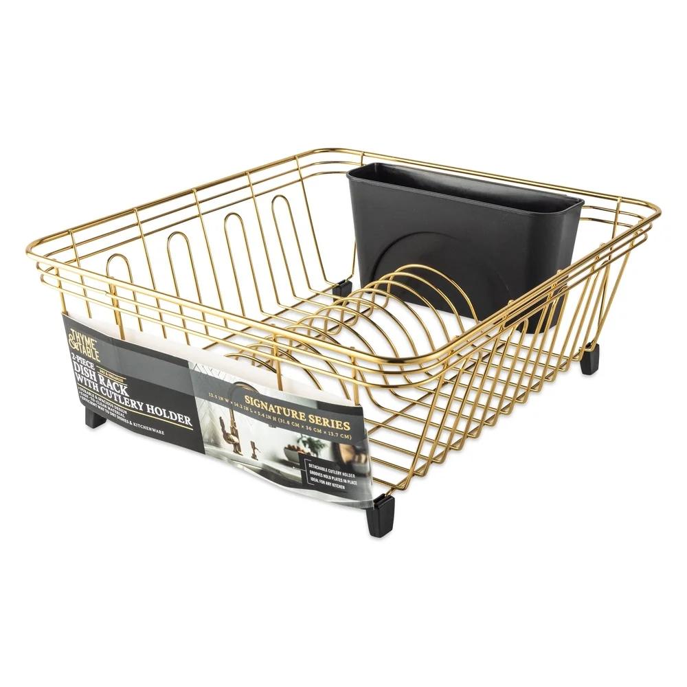 Gold Stainless Steel Dish Rack with Utensil Caddy Modern Kitchen Storage Solution Plates Bowls Drying