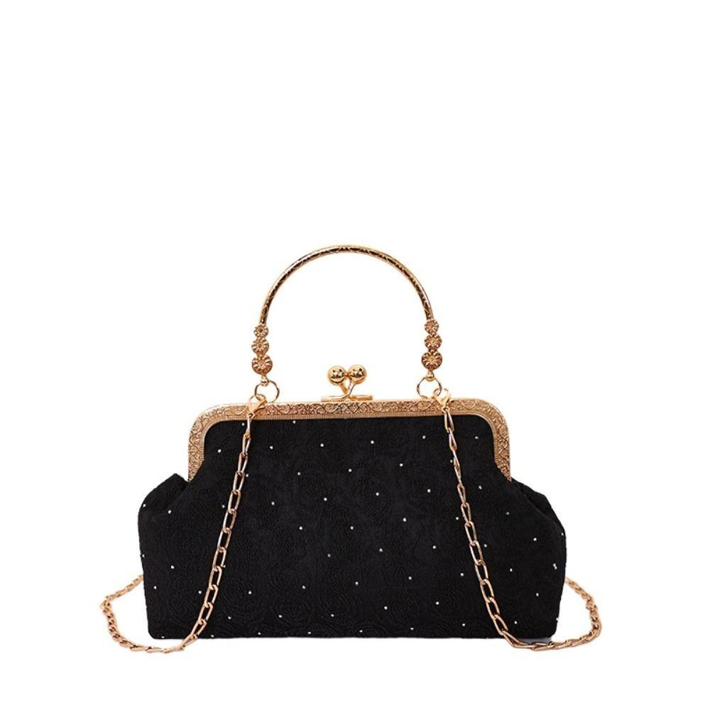 Elegant Rhinestone-encrusted Evening Clutch Purse Solid Color Chain Strap Crossbody Bag Top-handle Ladies Handbag чёрный