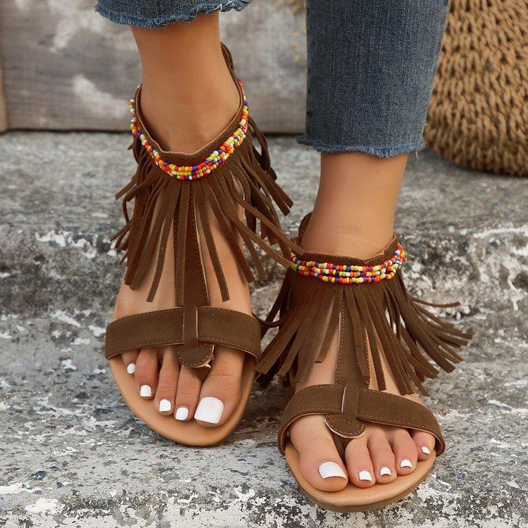 Large Size Retro Famous Style Fashion Flat Sandals Summer New Tassel One Word with Women's Shoes