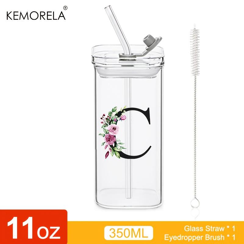 1 STÜCK 24 Buchstabenförmige Glastrinkbecher mit Deckel und Strohhalm Kaffeebecher 300ML Klarer quadratischer Trinkbecher für Kaffee Bier Milch