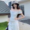 French Retro Fungus Rimmed One-shoulder T-shirt Women Irregular Slim Waist Short Off-shoulder Plaid Top