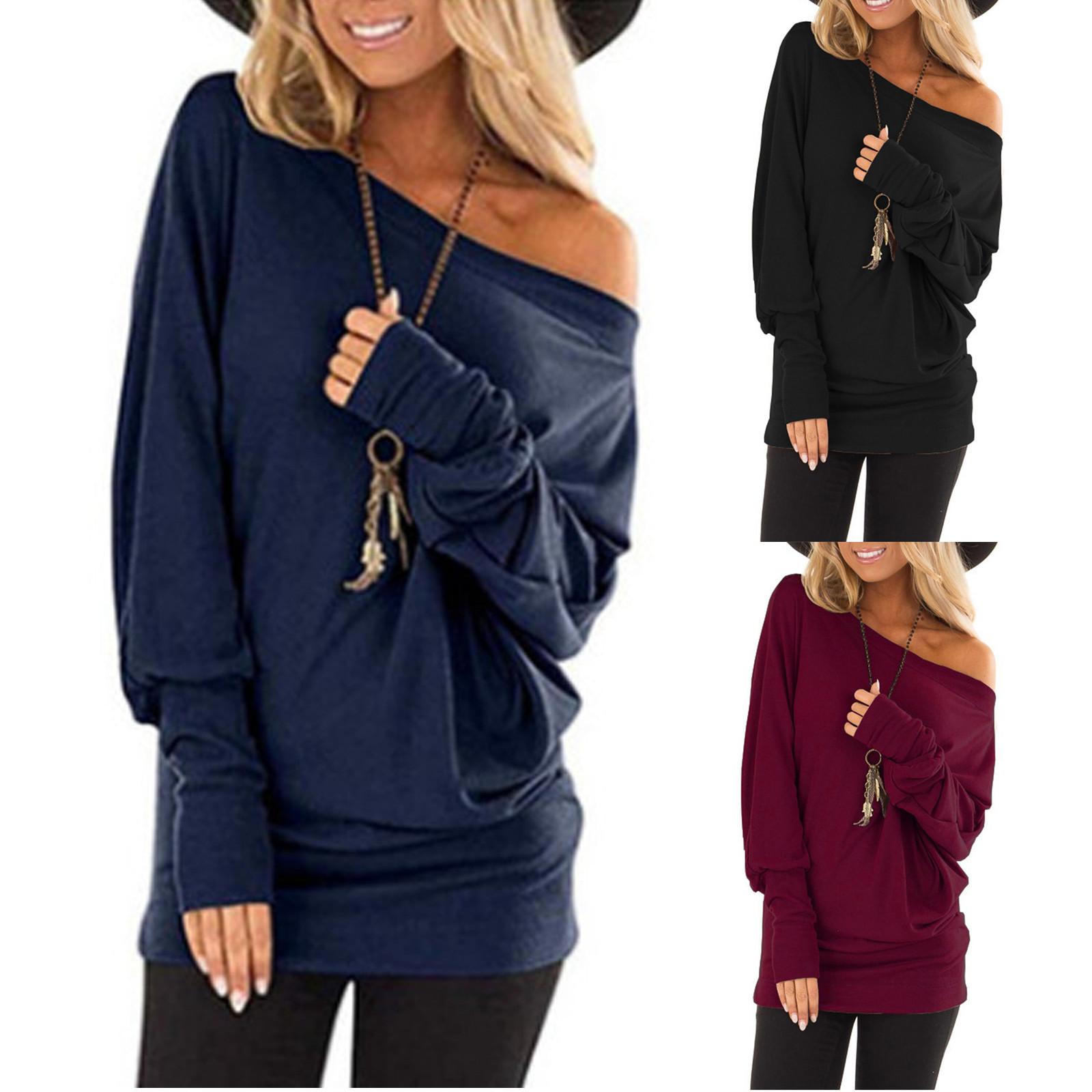 

Женская осенне-зимняя однотонная свободная футболка с круглым вырезом на одно плечо, длинными рукавами и открытыми плечами