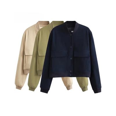 Women Fashion Solid Bomber Jackets Coat with Pockets V-Neck Single Breasted Long Sleeves Female Chic Lady Outfits